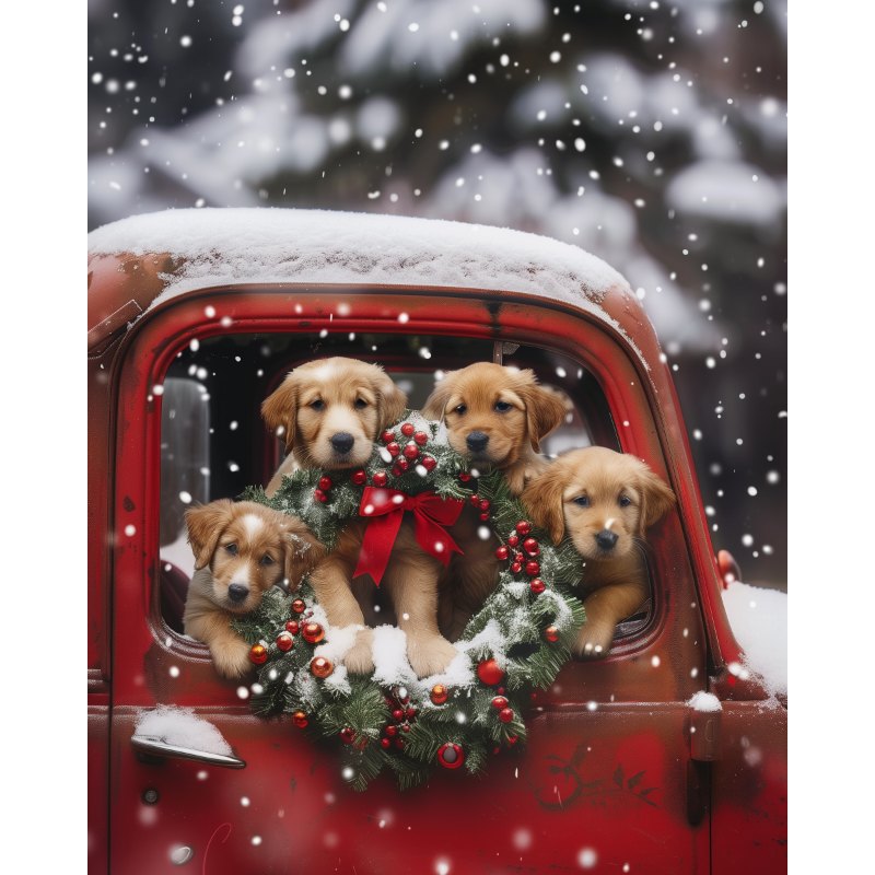 Diamond painting - Pennut punaisessa autossa