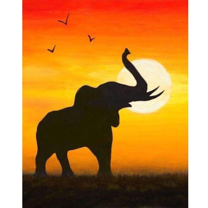 Olifant bij Afrikaanse zonsondergang Diamond painting | Eigen foto | Dieren | Kopen | Dikke dames | Action | Nederland | Steentjes | Diamant | De Diamond Painter